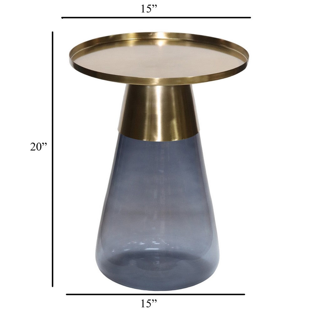 Palio Plant Stand Table, Round Gold Metal Top, Blue Glass Tapered Base -BM331020