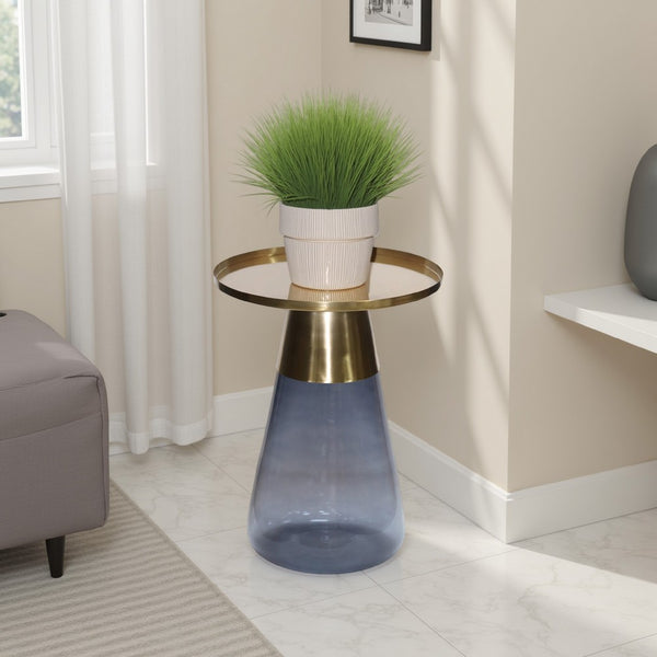 Palio Plant Stand Table, Round Gold Metal Top, Blue Glass Tapered Base -BM331020