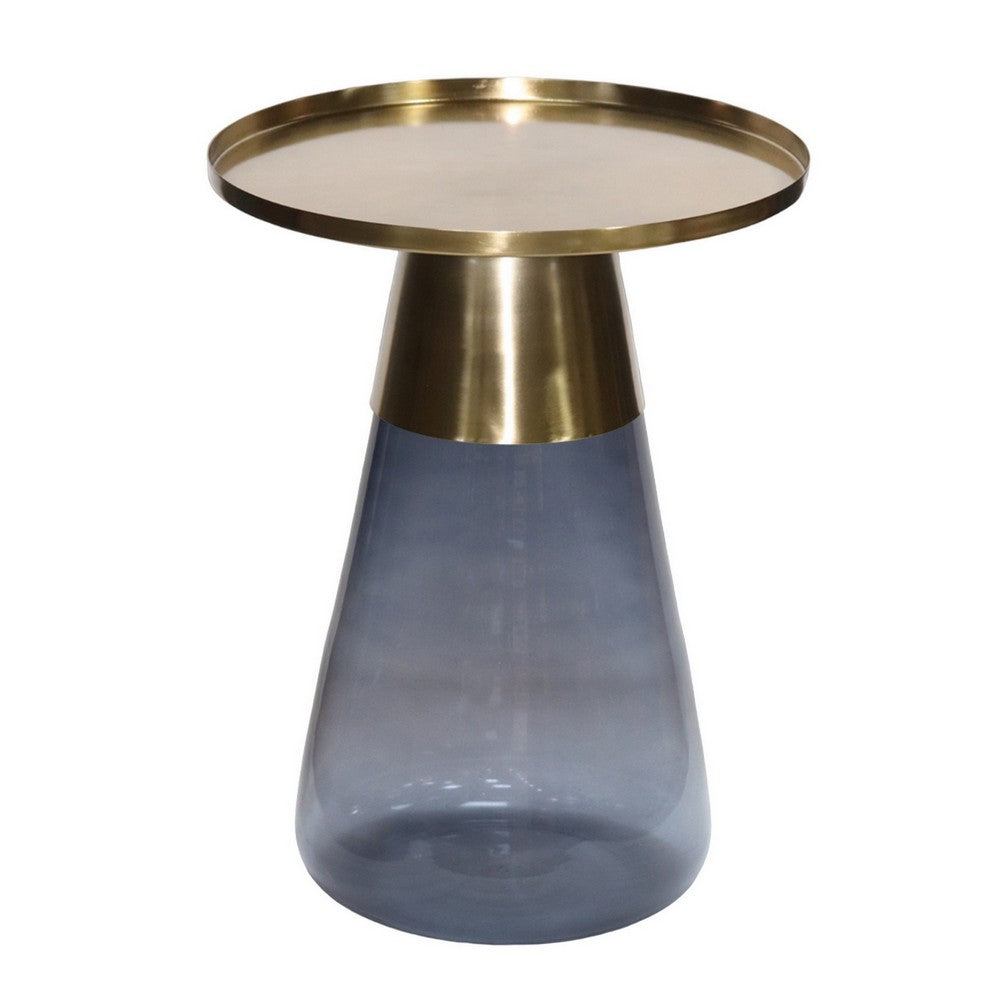 Palio Plant Stand Table, Round Gold Metal Top, Blue Glass Tapered Base -BM331020