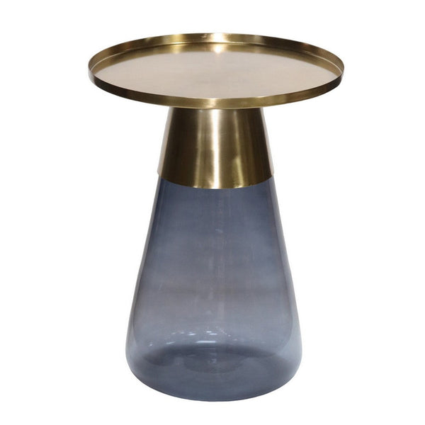 Palio Plant Stand Table, Round Gold Metal Top, Blue Glass Tapered Base -BM331020