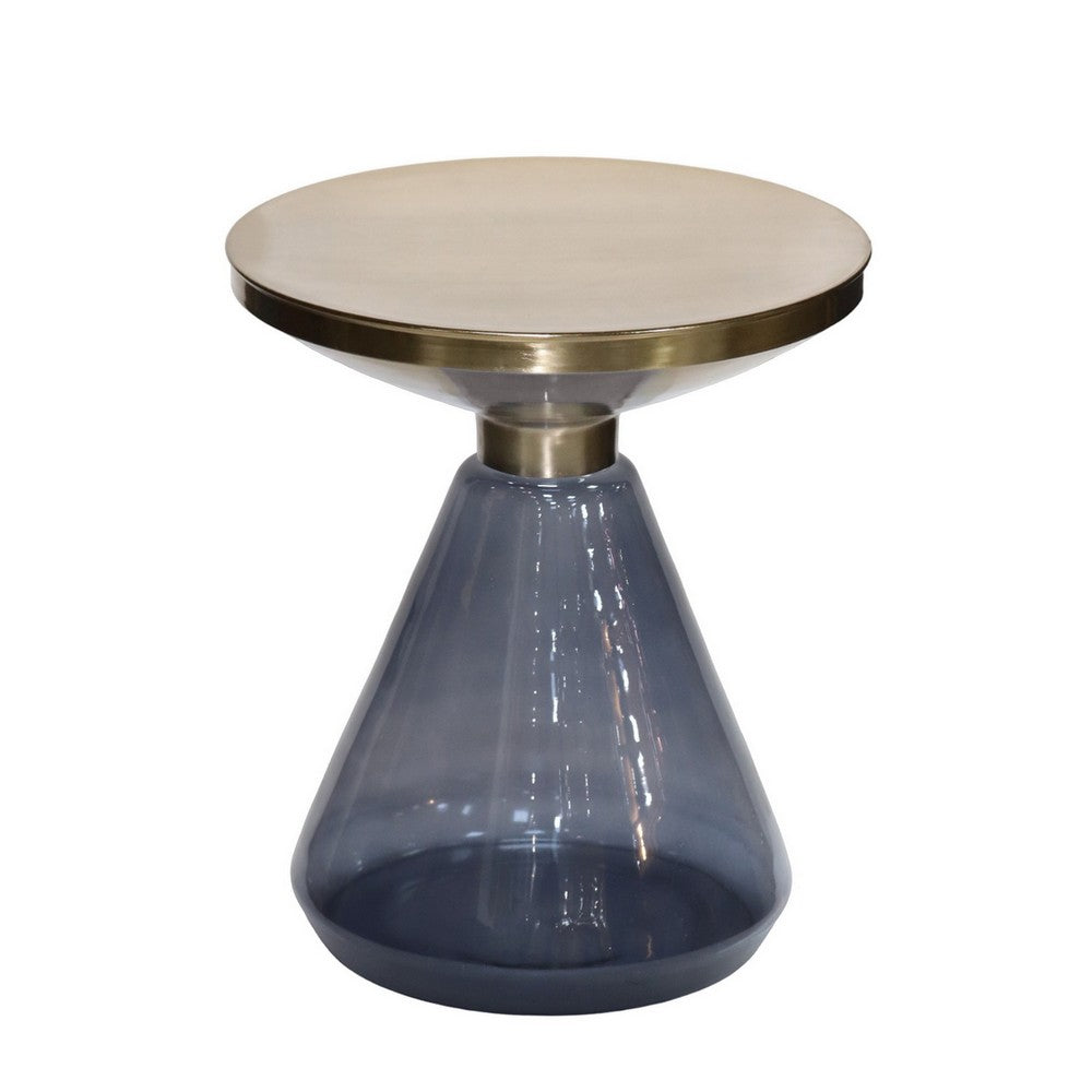 Palio Plant Stand Table, Round Gold Metal, Blue Glass Base, Hourglass -BM331021