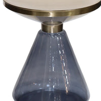Palio Plant Stand Table, Round Gold Metal, Blue Glass Base, Hourglass -BM331021