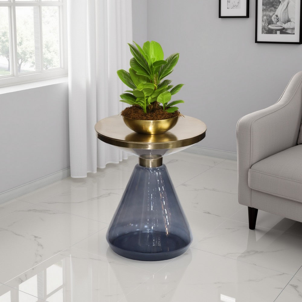 Palio Plant Stand Table, Round Gold Metal, Blue Glass Base, Hourglass -BM331021
