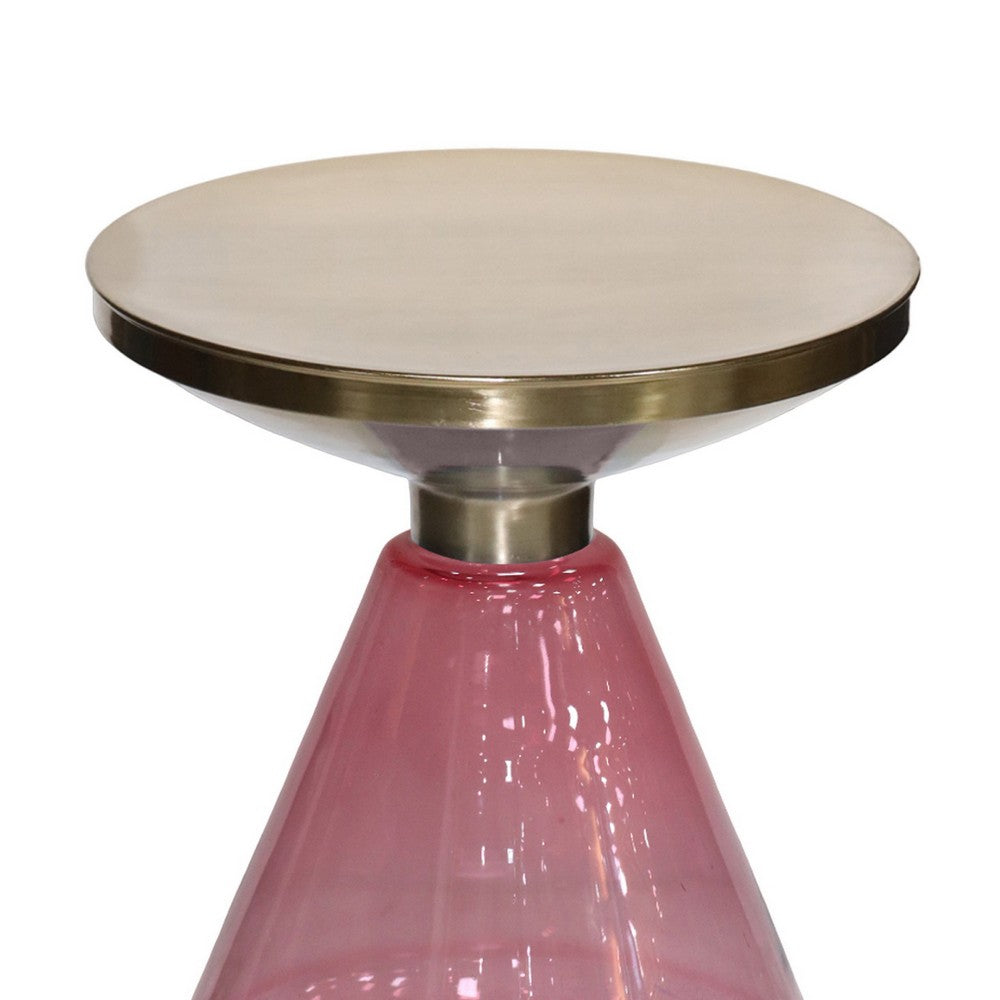 Palio Plant Stand Table, Round Gold Metal, Pink Glass Base, Hourglass -BM331023