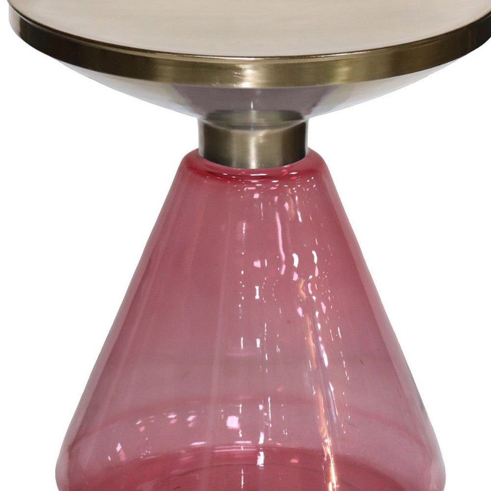 Palio Plant Stand Table, Round Gold Metal, Pink Glass Base, Hourglass -BM331023