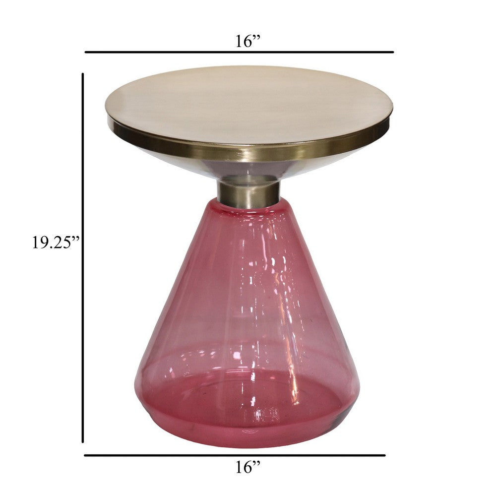 Palio Plant Stand Table, Round Gold Metal, Pink Glass Base, Hourglass -BM331023