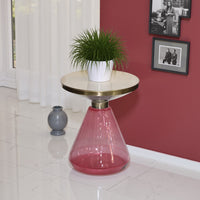 Palio Plant Stand Table, Round Gold Metal, Pink Glass Base, Hourglass -BM331023