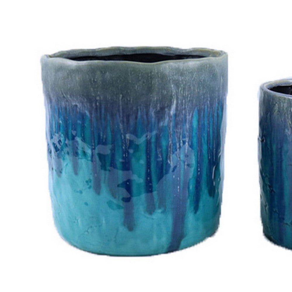 Foy Tall Planter Set of 2, Two Tone Blue Ceramic, Round, Modern Style -BM331024