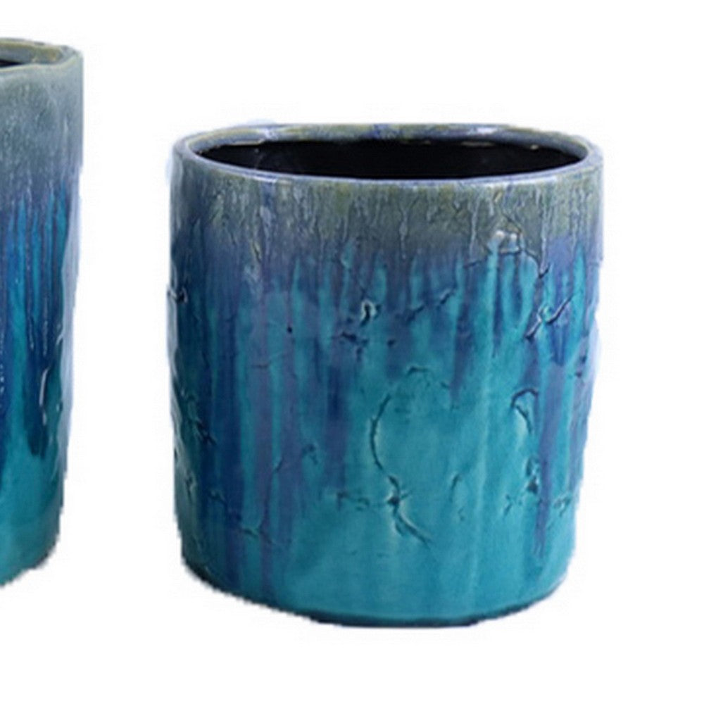 Foy Tall Planter Set of 2, Two Tone Blue Ceramic, Round, Modern Style -BM331024
