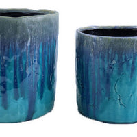 Foy Tall Planter Set of 2, Two Tone Blue Ceramic, Round, Modern Style -BM331024