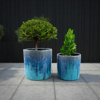 Foy Tall Planter Set of 2, Two Tone Blue Ceramic, Round, Modern Style -BM331024