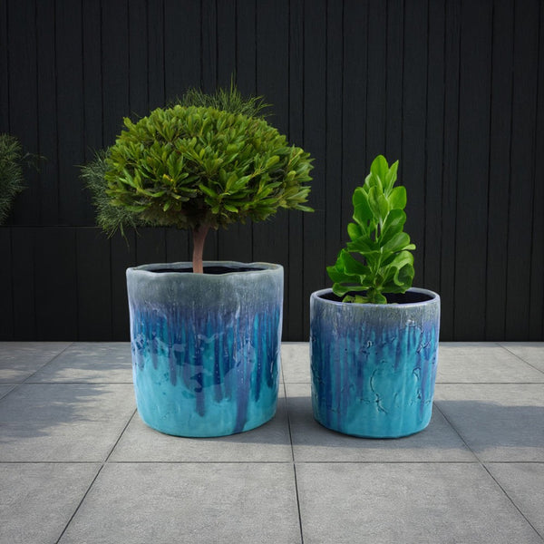 Foy Tall Planter Set of 2, Two Tone Blue Ceramic, Round, Modern Style -BM331024