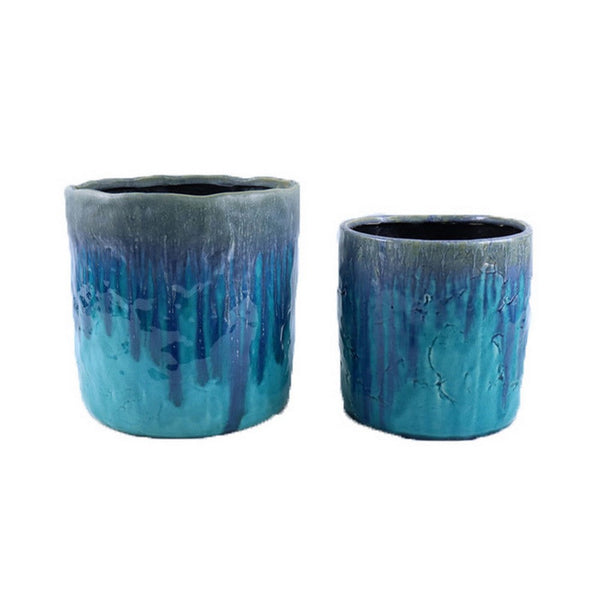 Foy Tall Planter Set of 2, Two Tone Blue Ceramic, Round, Modern Style -BM331024
