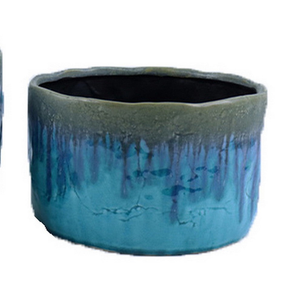 Foy Wide Planter Set of 2, Two Tone Blue Ceramic, Round, Modern Style -BM331025