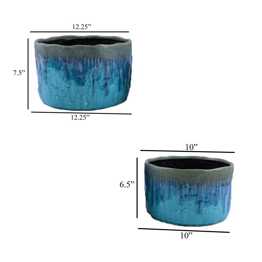 Foy Wide Planter Set of 2, Two Tone Blue Ceramic, Round, Modern Style -BM331025
