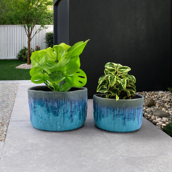 Foy Wide Planter Set of 2, Two Tone Blue Ceramic, Round, Modern Style -BM331025