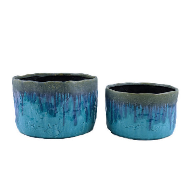 Foy Wide Planter Set of 2, Two Tone Blue Ceramic, Round, Modern Style -BM331025