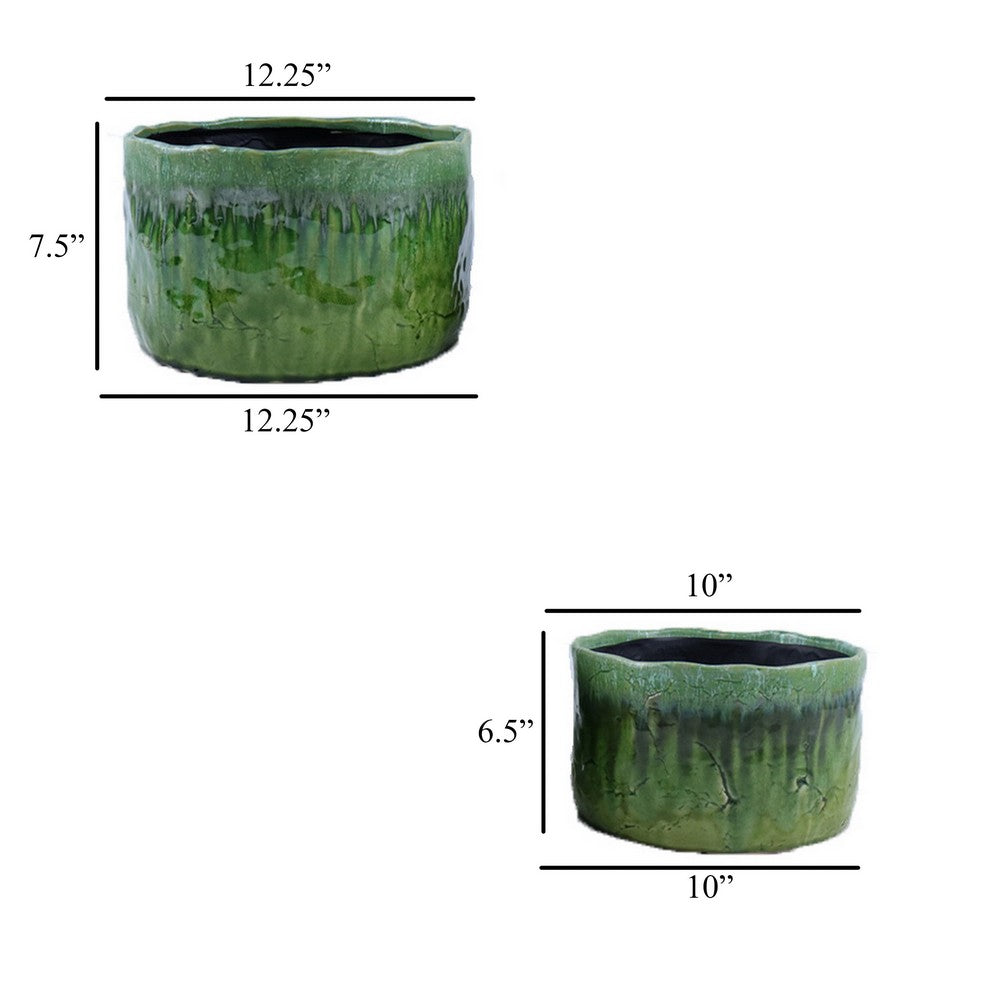 Foy Wide Planter Set of 2, Two Tone Green Ceramic, Round, Modern Style -BM331027
