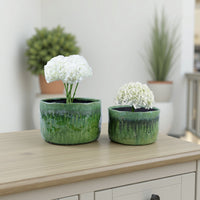 Foy Wide Planter Set of 2, Two Tone Green Ceramic, Round, Modern Style -BM331027