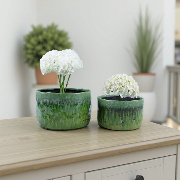 Foy Wide Planter Set of 2, Two Tone Green Ceramic, Round, Modern Style -BM331027