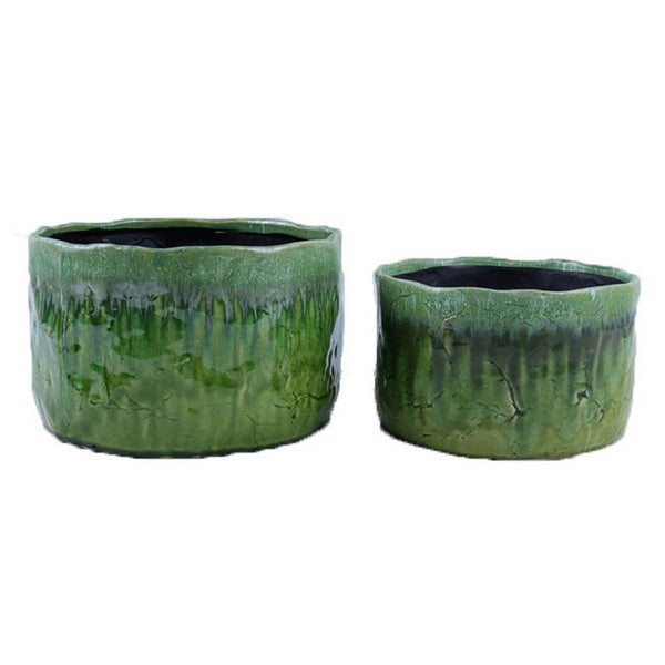 Foy Wide Planter Set of 2, Two Tone Green Ceramic, Round, Modern Style -BM331027