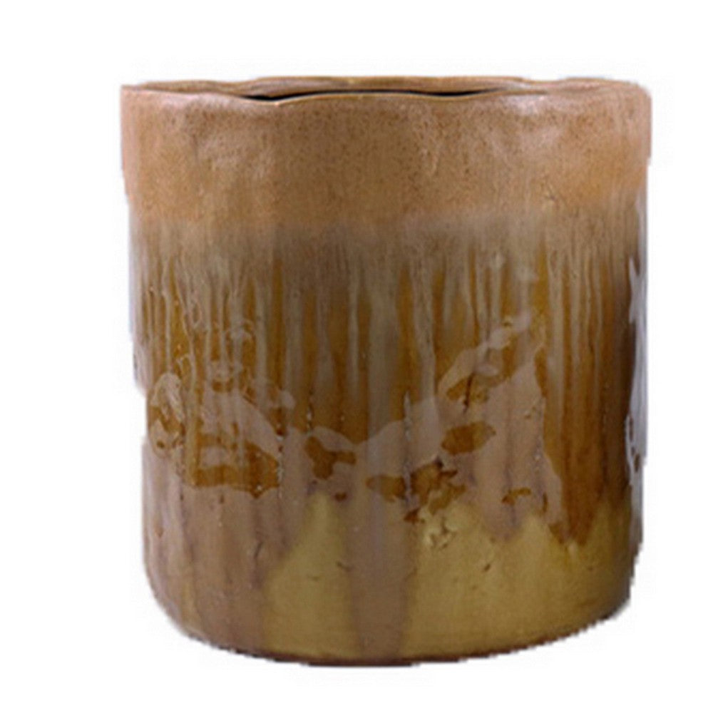 Foy Tall Planter Set of 2, Dual Mustard Brown Ceramic, Round Modern -BM331033