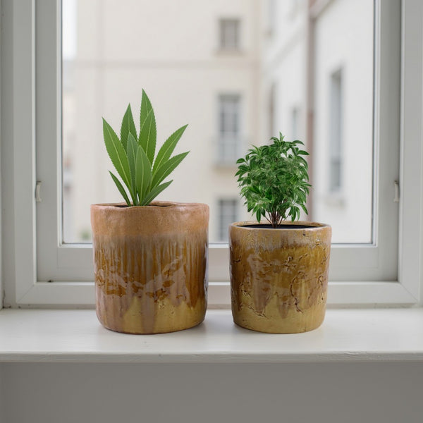 Foy Tall Planter Set of 2, Dual Mustard Brown Ceramic, Round Modern -BM331033