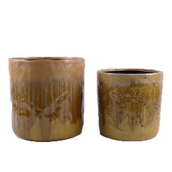 Foy Tall Planter Set of 2, Dual Mustard Brown Ceramic, Round Modern -BM331033