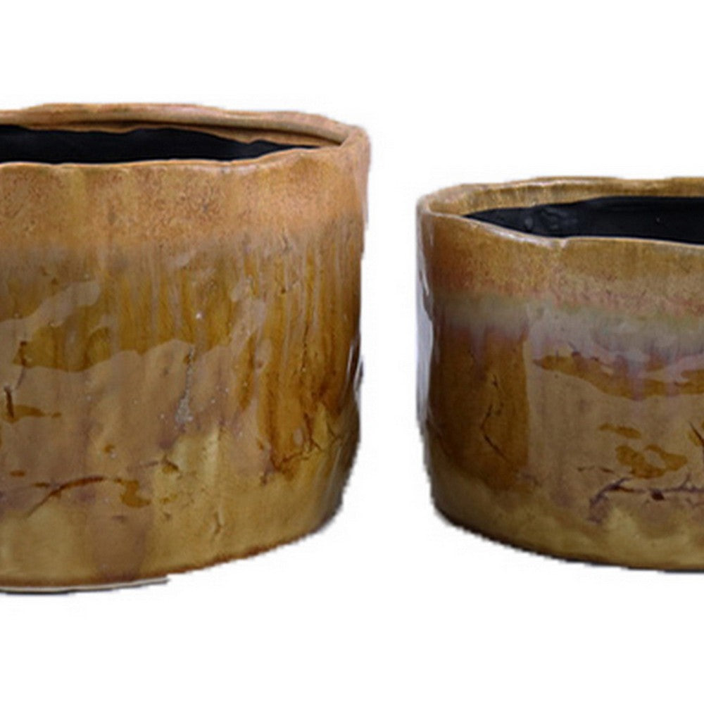 Foy Wide Planter Set of 2, Two Tone Brown Ceramic, Round Modern -BM331034
