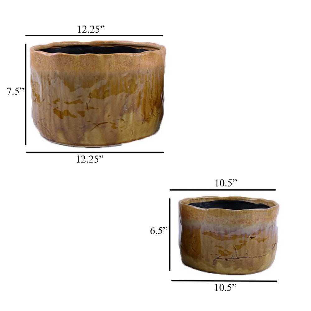 Foy Wide Planter Set of 2, Two Tone Brown Ceramic, Round Modern -BM331034