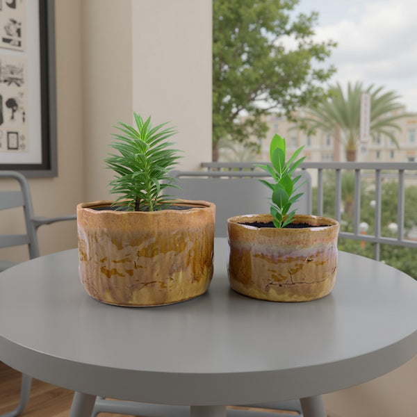Foy Wide Planter Set of 2, Two Tone Brown Ceramic, Round Modern -BM331034