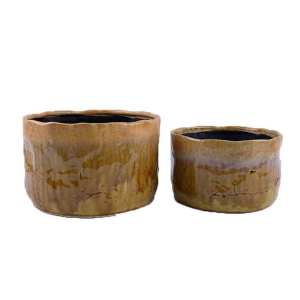 Foy Wide Planter Set of 2, Two Tone Brown Ceramic, Round Modern -BM331034