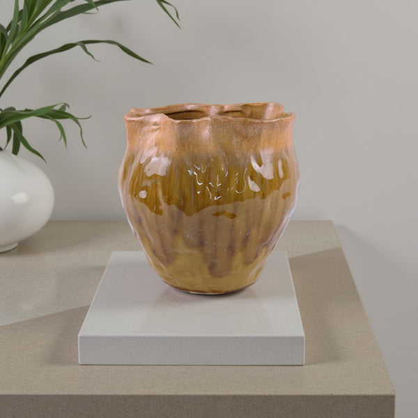 Balie Accent Vase, Brown Ceramic, Irregular Top Edge, Modern 10 Inch -BM331035
