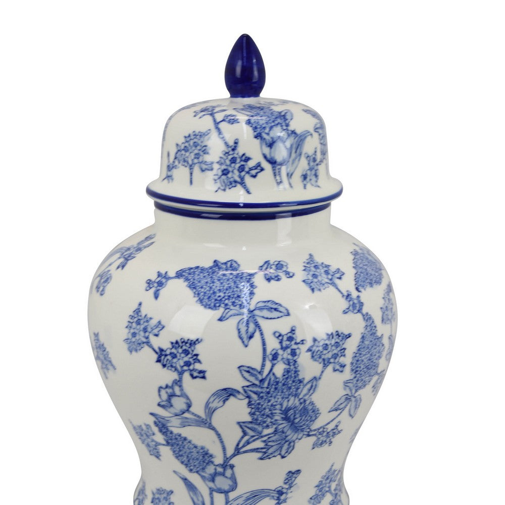 Temple Jar, Blue Floral Design, White Ceramic, Vintage Style, 16 Inch -BM331042