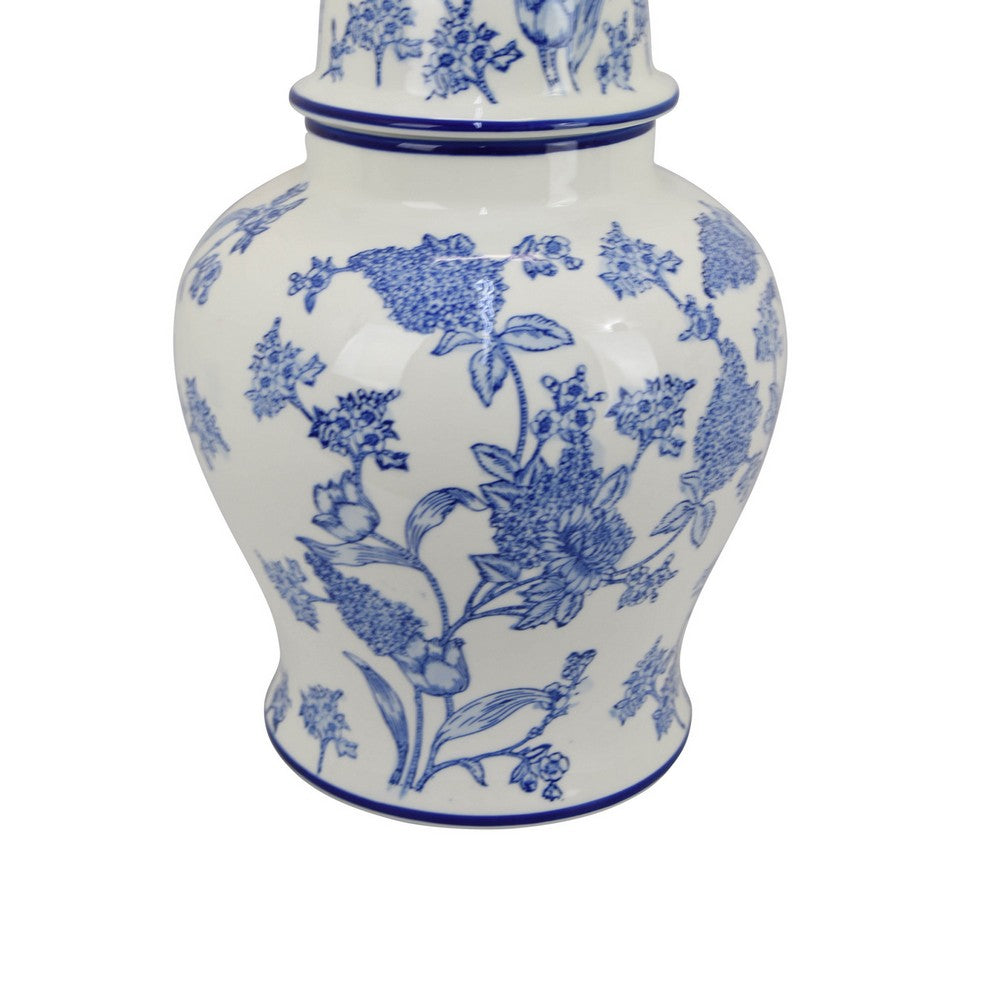Temple Jar, Blue Floral Design, White Ceramic, Vintage Style, 16 Inch -BM331042