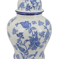 Temple Jar, Blue Floral Design, White Ceramic, Vintage Style, 16 Inch -BM331042