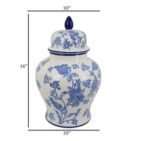 Temple Jar, Blue Floral Design, White Ceramic, Vintage Style, 16 Inch -BM331042