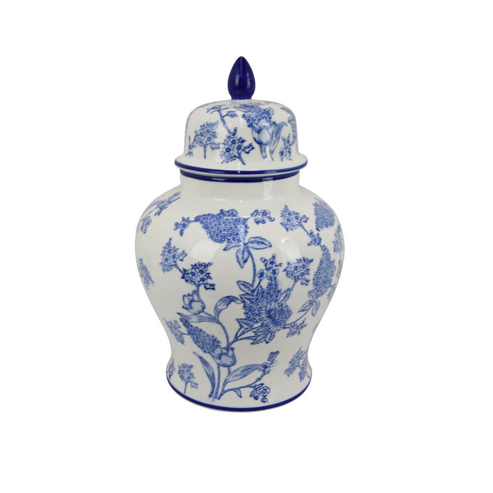 Temple Jar, Blue Floral Design, White Ceramic, Vintage Style, 16 Inch -BM331042