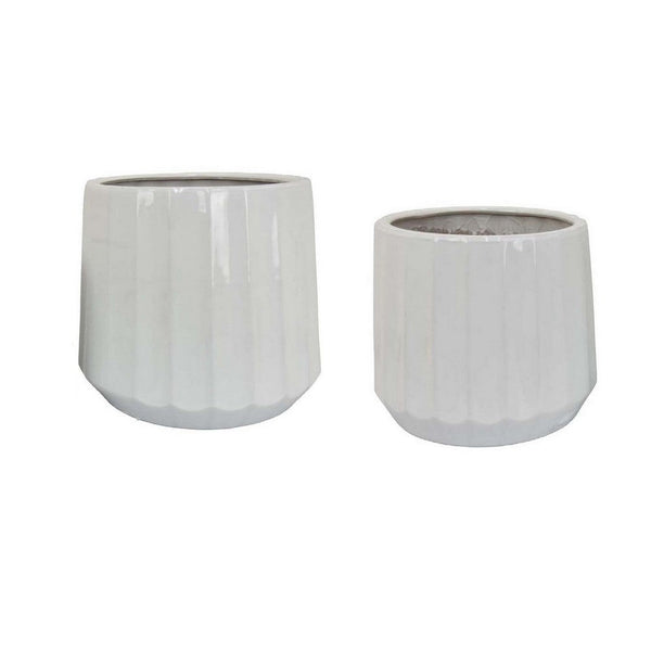Fusie Planter Set of 2, Round, White Finish Ceramic, Vertical Faceted -BM331043
