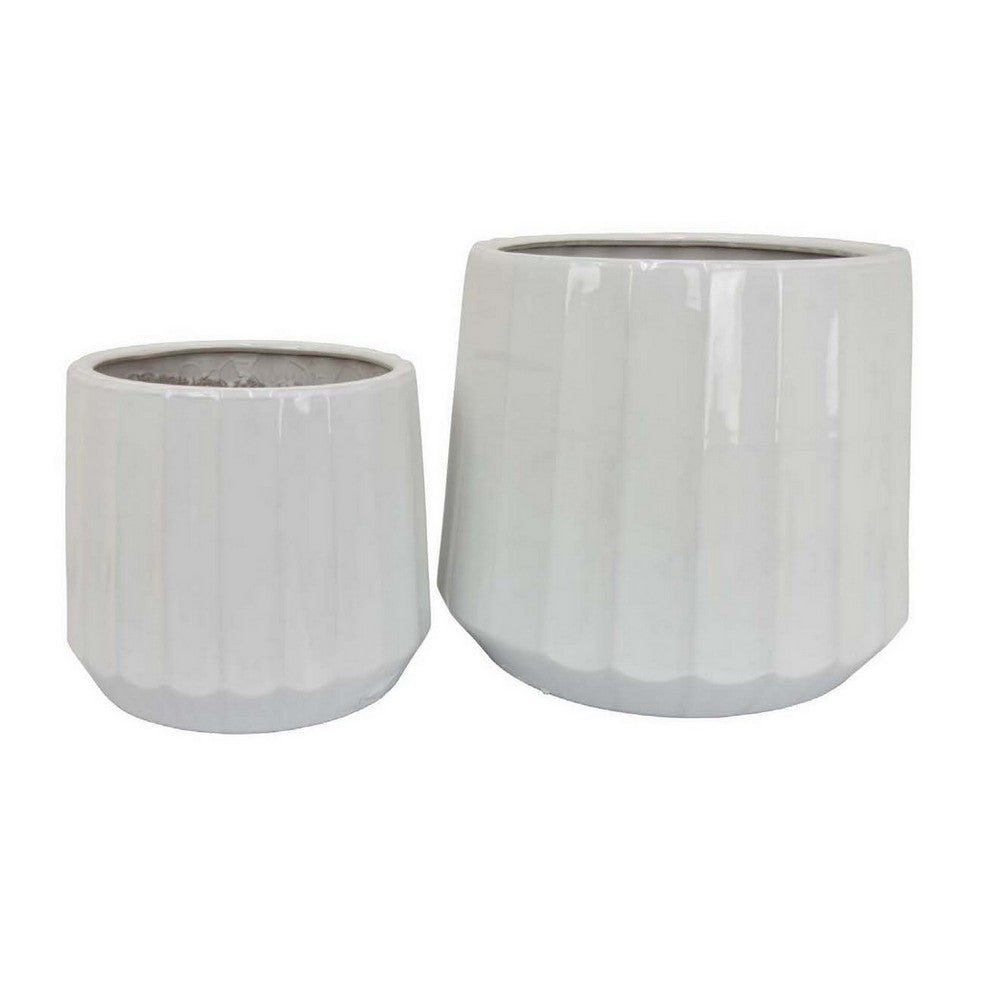 Fusie Planter Set of 2, Round, White Finish Ceramic, Vertical Faceted -BM331043