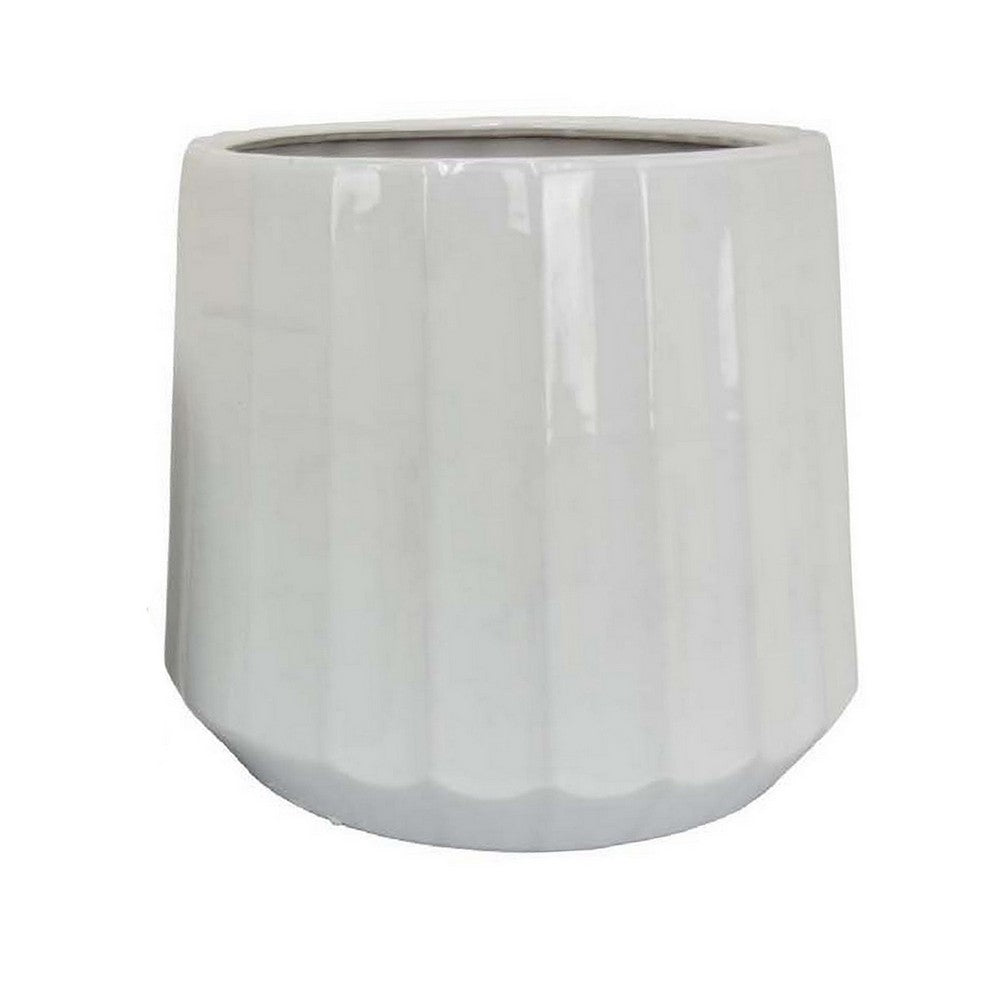 Fusie Planter Set of 2, Round, White Finish Ceramic, Vertical Faceted -BM331043