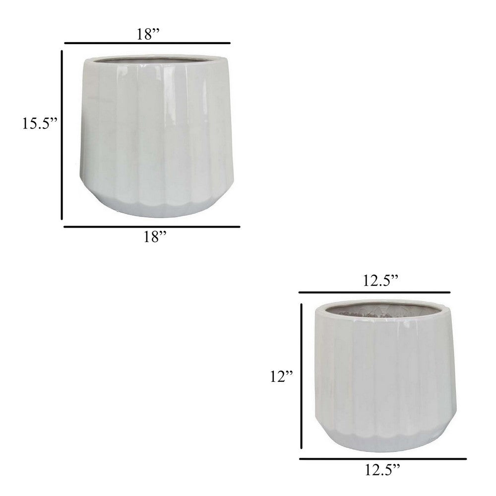 Fusie Planter Set of 2, Round, White Finish Ceramic, Vertical Faceted -BM331043