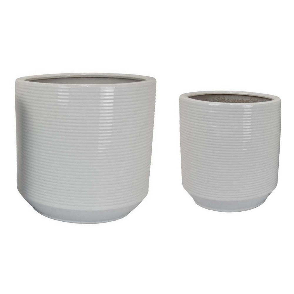 Fusie Planter Set of 2, Round, White Ceramic, Horizontal Texture -BM331045