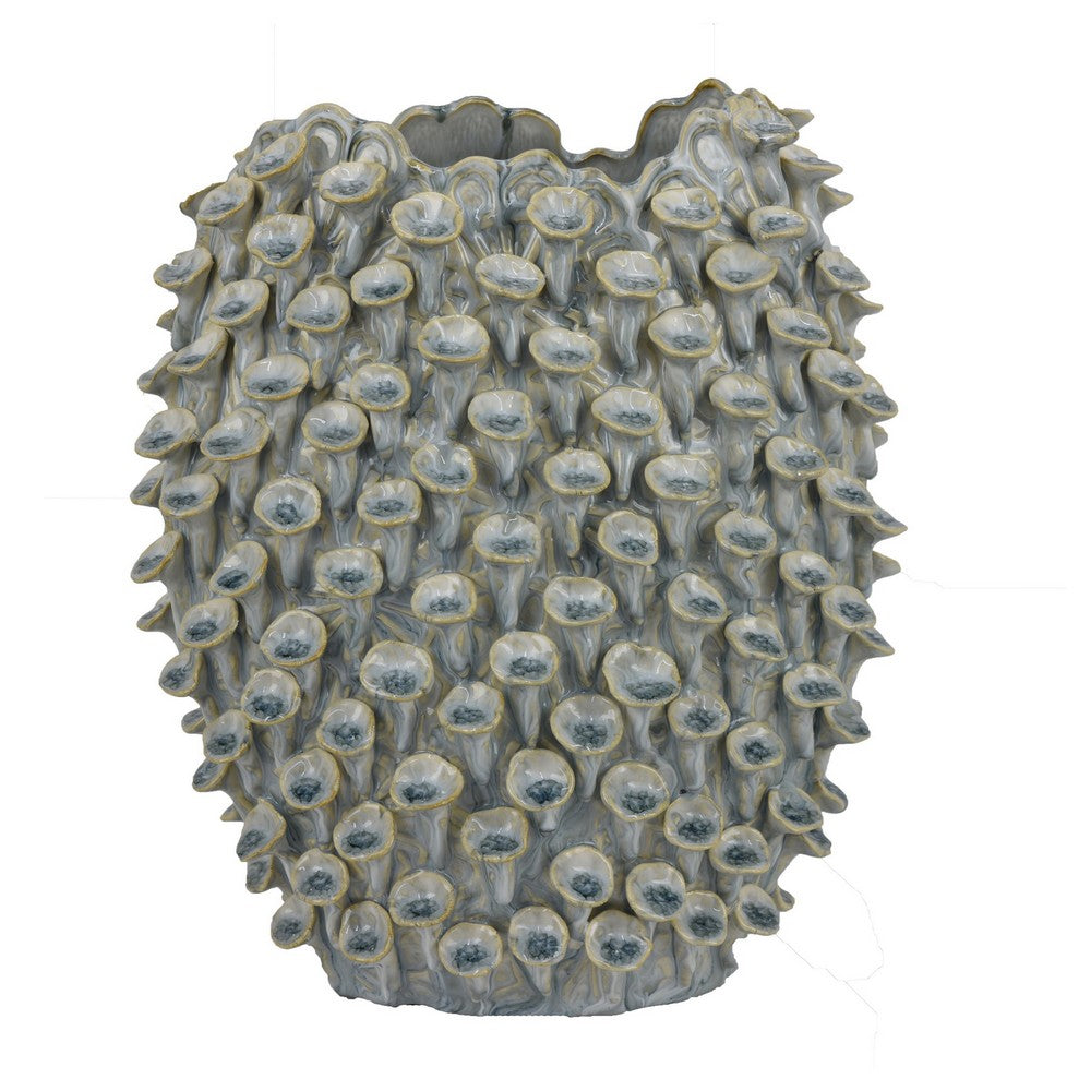 Nina Decorative Bowl, Light Blue, Textured Coral Gray Ceramic, 13 Inch -BM331047