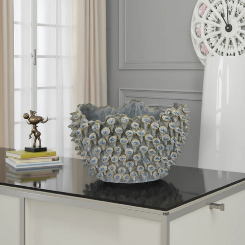 Nina Decorative Bowl, Light Blue, Coral Textured Gray Ceramic, 14 Inch -BM331048