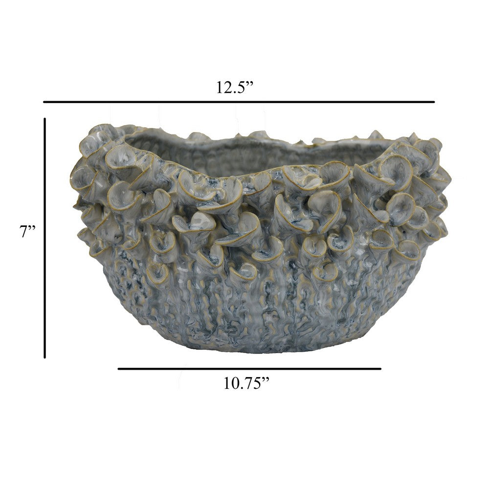 Nina Decorative Bowl, Light Blue, Textured Floral Gray Ceramic 13 Inch -BM331049