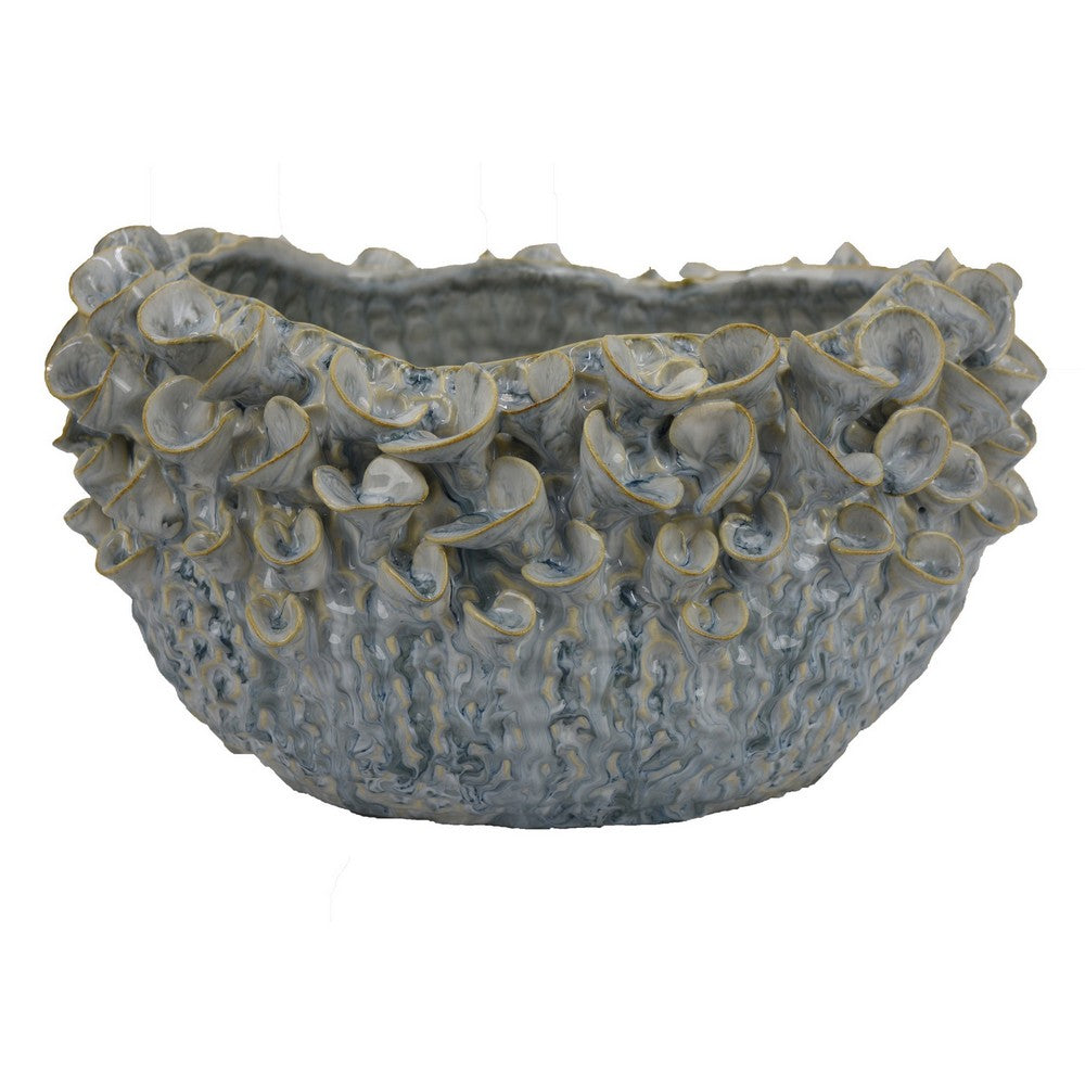 Nina Decorative Bowl, Light Blue, Textured Floral Gray Ceramic 13 Inch -BM331049