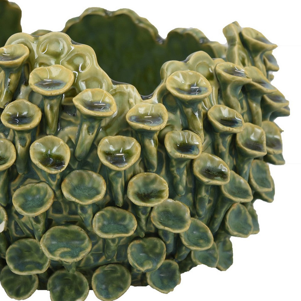 Nina Decorative Bowl, Textured Green Ceramic, Abstract Coral, 11 Inch -BM331051
