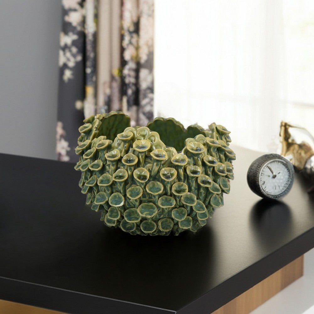 Nina Decorative Bowl, Textured Green Ceramic, Abstract Coral, 11 Inch -BM331051