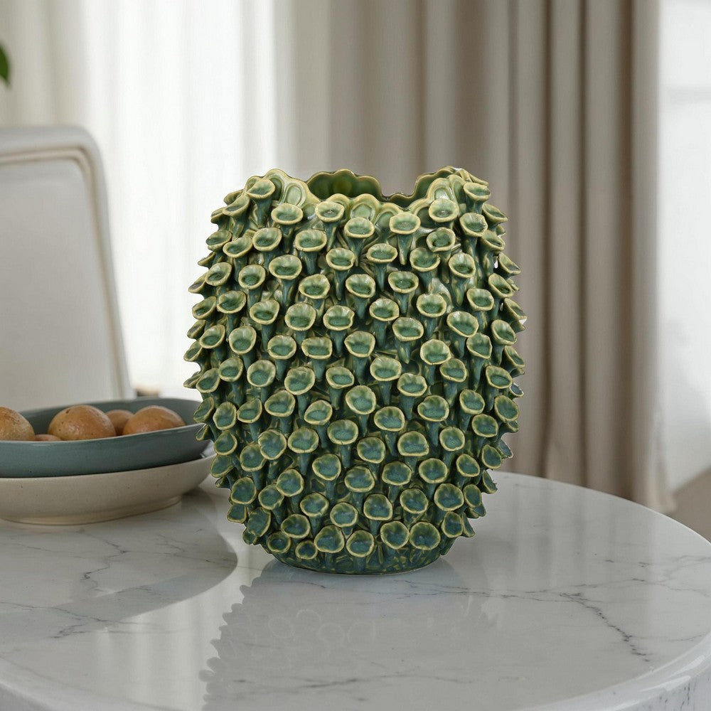 Nina Decorative Vase, Textured Green Ceramic, Abstract Coral, 13 Inch -BM331052